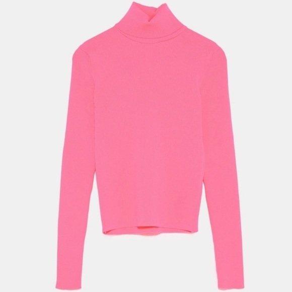 Zara Neon Pink Bold Ribbed Turtleneck Stretch Long Sleeve Top Women's Size Small - Picture 2 of 6